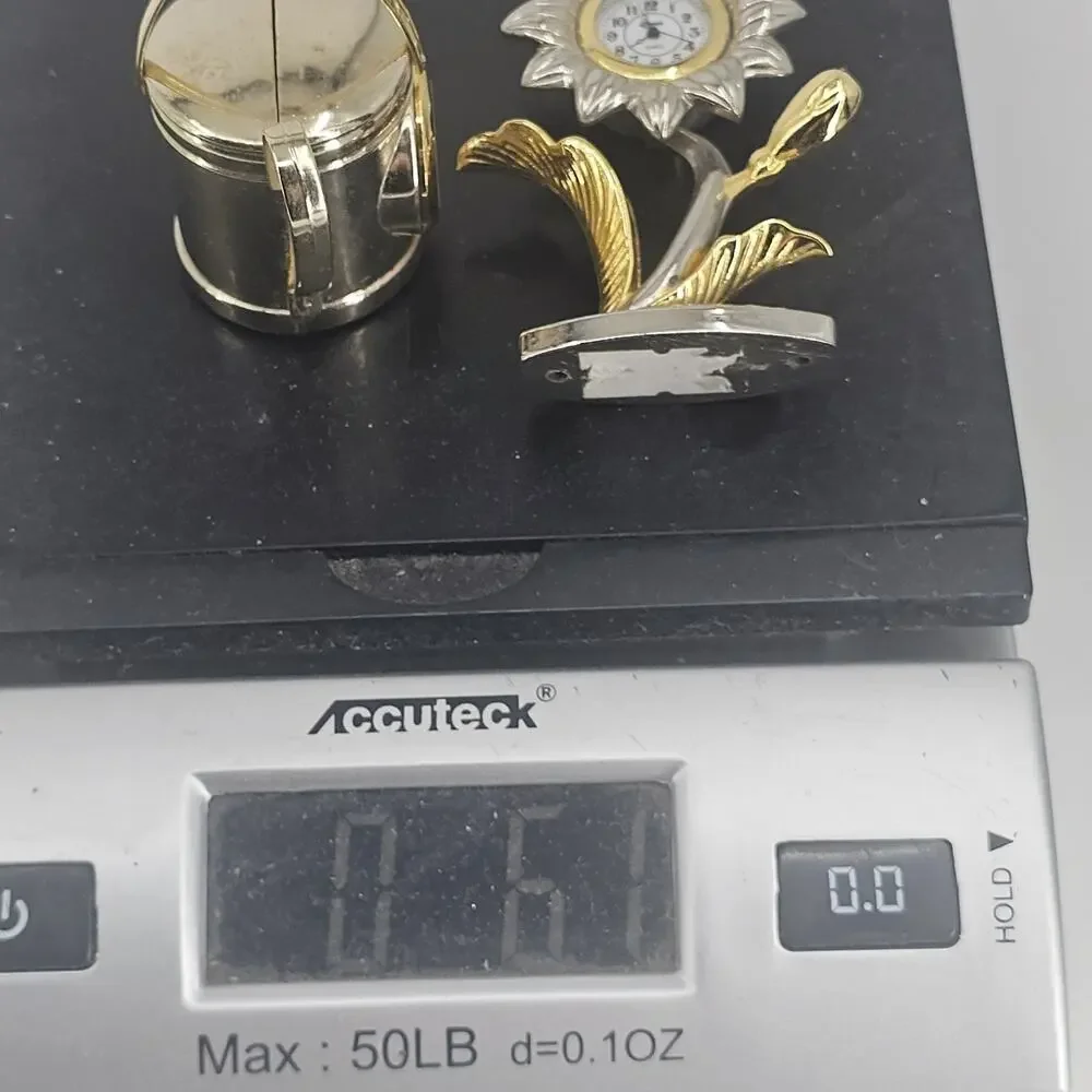 2 SMALL QUARTZ CLOCKS FLOWER & WATER CAN NEED BATTERIES Goldtone Metal Vintage